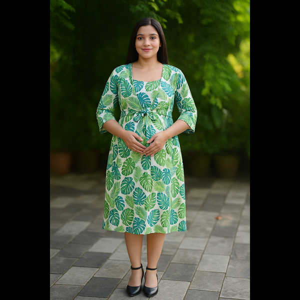 Tropical Leaf Printed Cotton Dress with Matching Belt