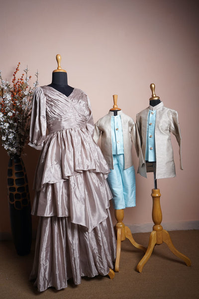 Mocha and Ice Blue Family Matching Outfit Set for Mom and Sons