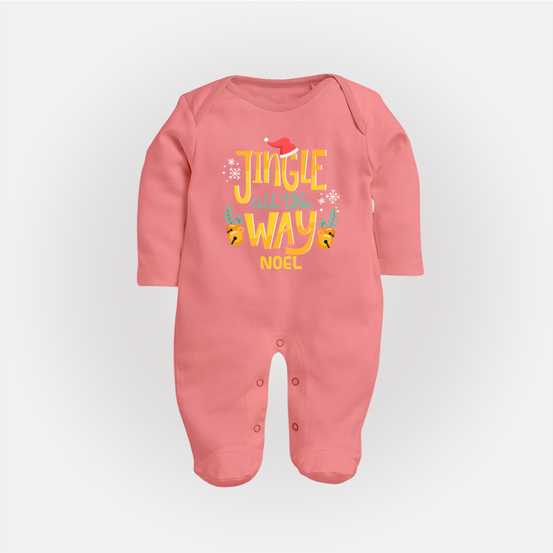 Jingle All The Way - Customized Christmas Themed Sleep Suit For Babies - PEACH - New Born (Chest 7.5")