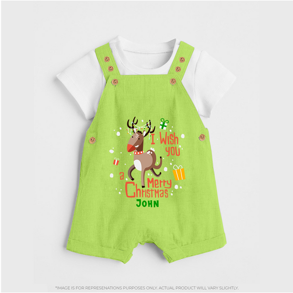 I Wish You A Merry Christmas - Customized Christmas Themed Dungaree Set For Kids - GREEN - 0 - 5 Months Old (Chest 18")