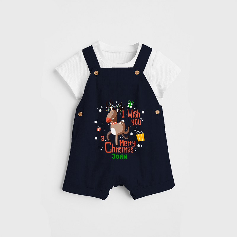 I Wish You A Merry Christmas - Customized Christmas Themed Dungaree Set For Kids - NAVY BLUE - 0 - 5 Months Old (Chest 18")