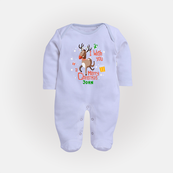 I Wish You A Merry Christmas - Customized Christmas Themed Sleep Suit For Babies - BABY BLUE - New Born (Chest 7.5")