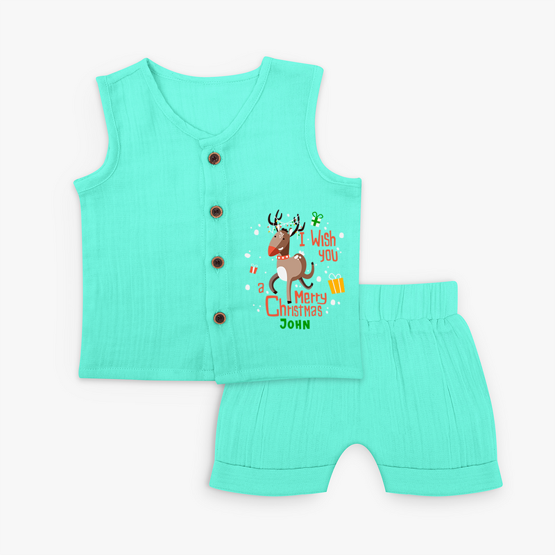 I Wish You A Merry Christmas - Customized Christmas Themed Jabla Set For Kids - AQUA GREEN - 0 - 3 Months Old (Chest 9.8")