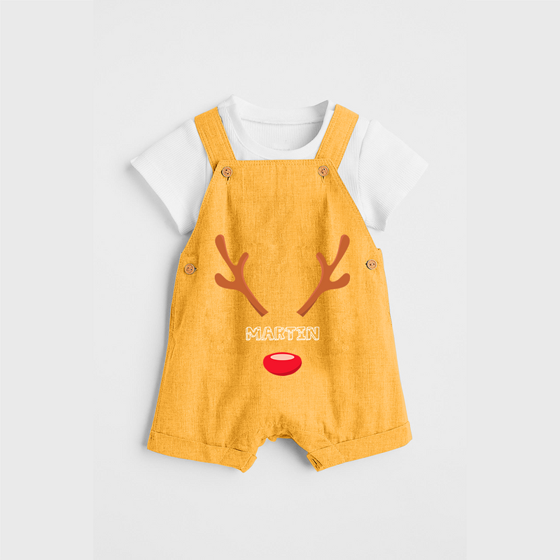 Antler Edition - Customized Christmas Themed Dungaree Set For Kids - PASTEL YELLOW - 0 - 5 Months Old (Chest 18")