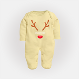 Antler Edition - Customized Christmas Themed Sleep Suit For Babies - PASTEL YELLOW - New Born (Chest 7.5")