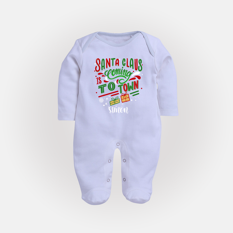 Santa Claus Is Coming To Town - Customized Christmas Themed Sleep Suit For Babies - BABY BLUE - New Born (Chest 7.5")