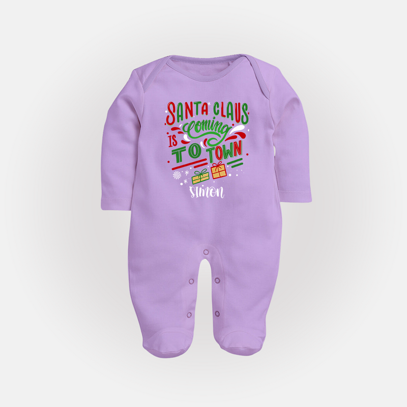 Santa Claus Is Coming To Town - Customized Christmas Themed Sleep Suit For Babies - LILAC - New Born (Chest 7.5")