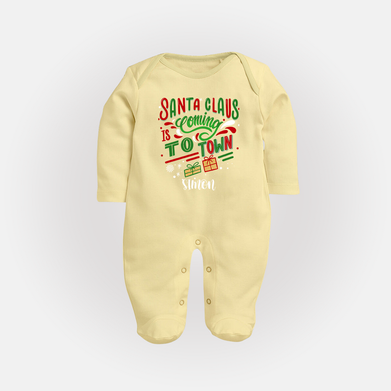 Santa Claus Is Coming To Town - Customized Christmas Themed Sleep Suit For Babies - PASTEL YELLOW - New Born (Chest 7.5")