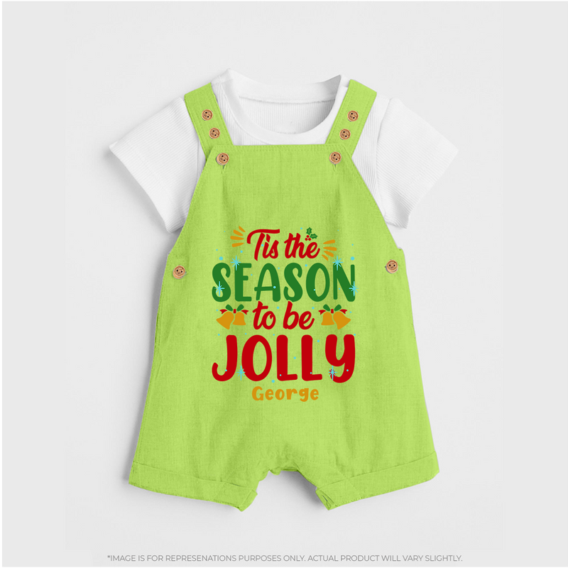 Tis The Season To Be Jolly - Customized Christmas Themed Dungaree Set For Kids - GREEN - 0 - 5 Months Old (Chest 18")