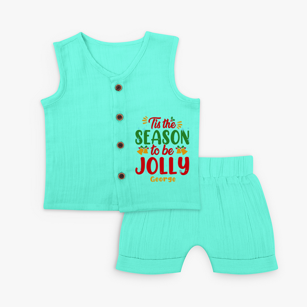 Tis The Season To Be Jolly - Customized Christmas Themed Jabla Set For Kids - AQUA GREEN - 0 - 3 Months Old (Chest 9.8")