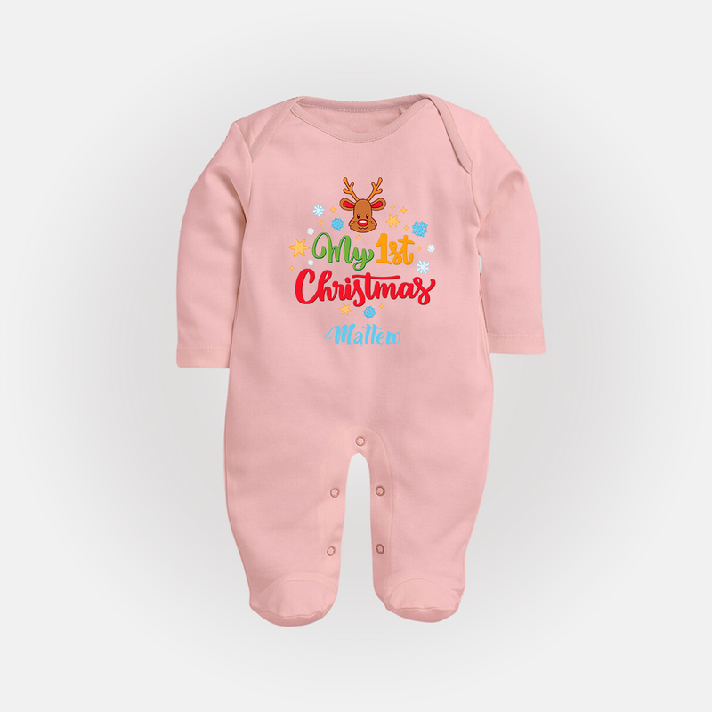 My 1st Christmas - Customized Christmas Themed Sleep Suit For Babies - BABY PINK - New Born (Chest 7.5")