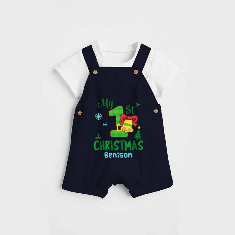 My First Christmas - Customized Christmas Themed Dungaree Set For Kids - NAVY BLUE - 0 - 5 Months Old (Chest 18")