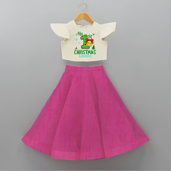 My First Christmas - Customized Christmas Themed Crop Top And Skirt For Kids - FUSCHIA - 6 - 9 Months Old (Chest 20" , Frock Waist 20")