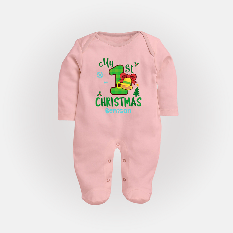 My First Christmas - Customized Christmas Themed Sleep Suit For Babies - BABY PINK - New Born (Chest 7.5")