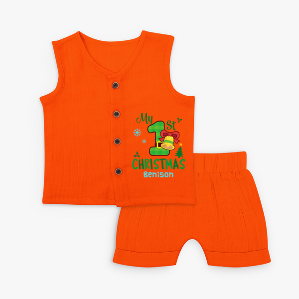 My First Christmas - Customized Christmas Themed Jabla Set For Kids - TANGERINE - 0 - 3 Months Old (Chest 9.8")