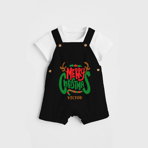 Merry Christmas Joy To All - Customized Christmas Themed Dungaree Set For Kids - BLACK - 0 - 5 Months Old (Chest 18")