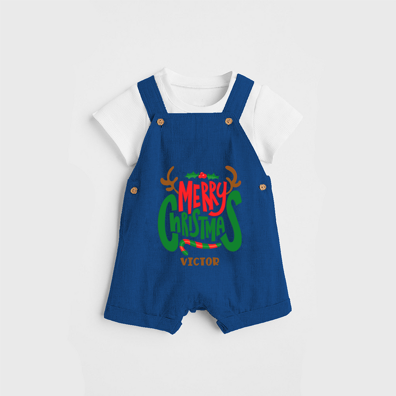 Merry Christmas Joy To All - Customized Christmas Themed Dungaree Set For Kids - COBALT BLUE - 0 - 5 Months Old (Chest 18")