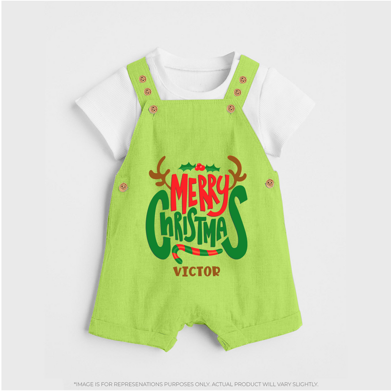 Merry Christmas Joy To All - Customized Christmas Themed Dungaree Set For Kids - GREEN - 0 - 5 Months Old (Chest 18")