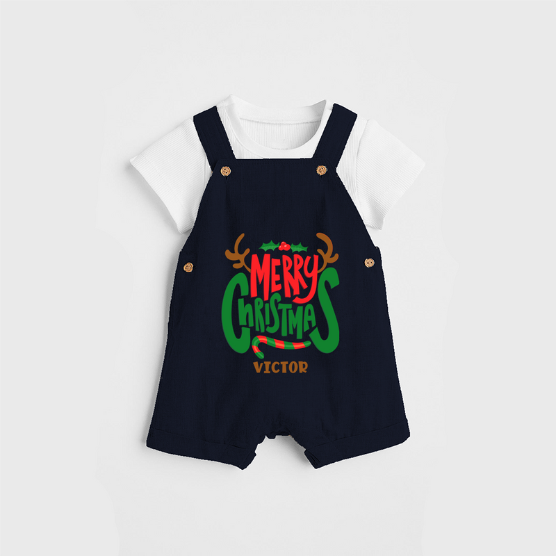 Merry Christmas Joy To All - Customized Christmas Themed Dungaree Set For Kids - NAVY BLUE - 0 - 5 Months Old (Chest 18")