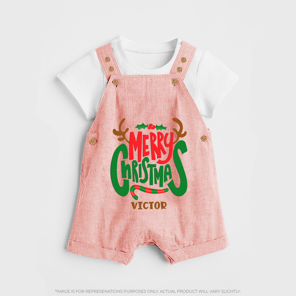 Merry Christmas Joy To All - Customized Christmas Themed Dungaree Set For Kids - PEACH - 0 - 5 Months Old (Chest 18")