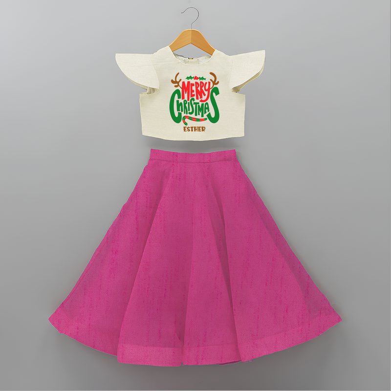 Merry Christmas Joy To All - Customized Christmas Themed Crop Top And Skirt For Kids - FUSCHIA - 6 - 9 Months Old (Chest 20" , Frock Waist 20")