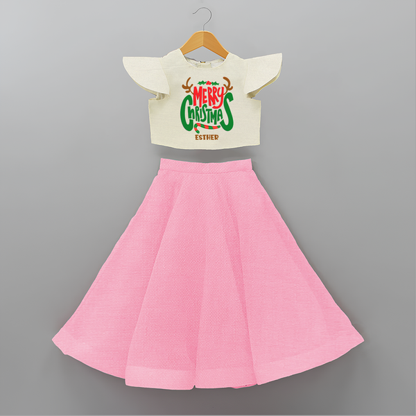 Merry Christmas Joy To All - Customized Christmas Themed Crop Top And Skirt For Kids - PINK - 6 - 9 Months Old (Chest 20" , Frock Waist 20")