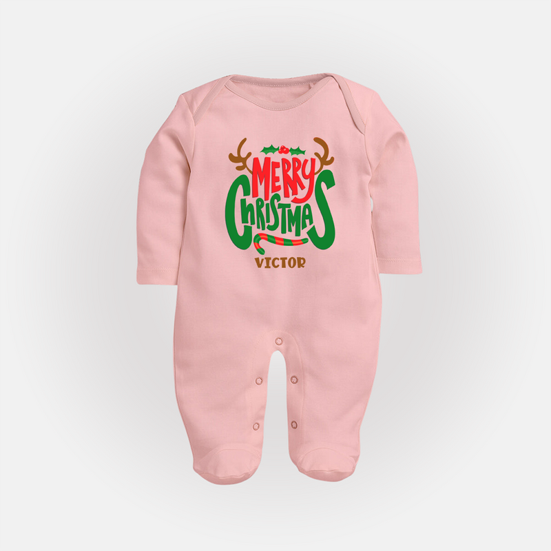 Merry Christmas Joy To All - Customized Christmas Themed Sleep Suit For Babies - BABY PINK - New Born (Chest 7.5")