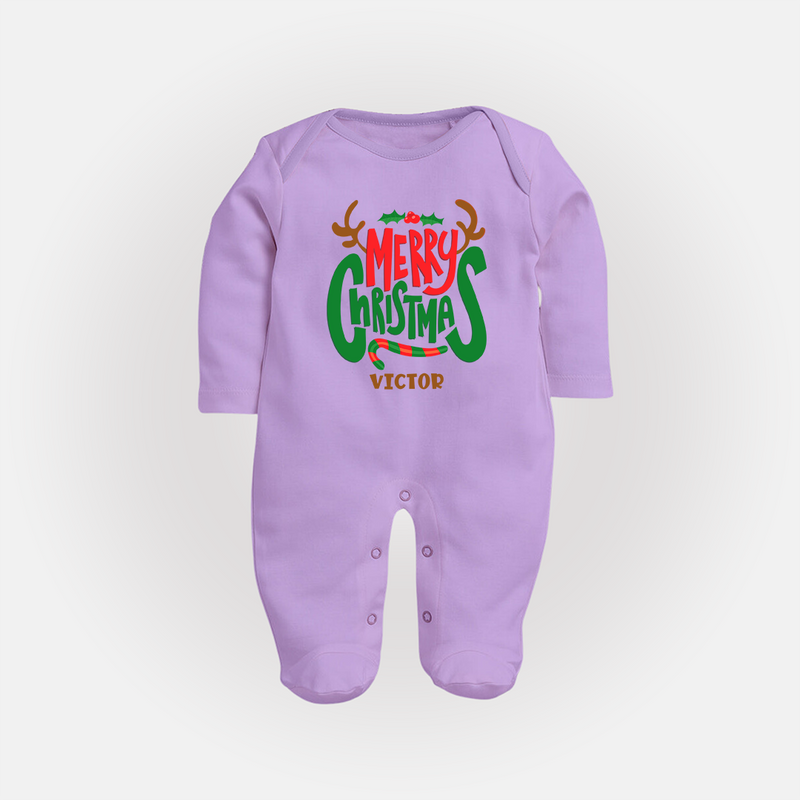 Merry Christmas Joy To All - Customized Christmas Themed Sleep Suit For Babies - LILAC - New Born (Chest 7.5")