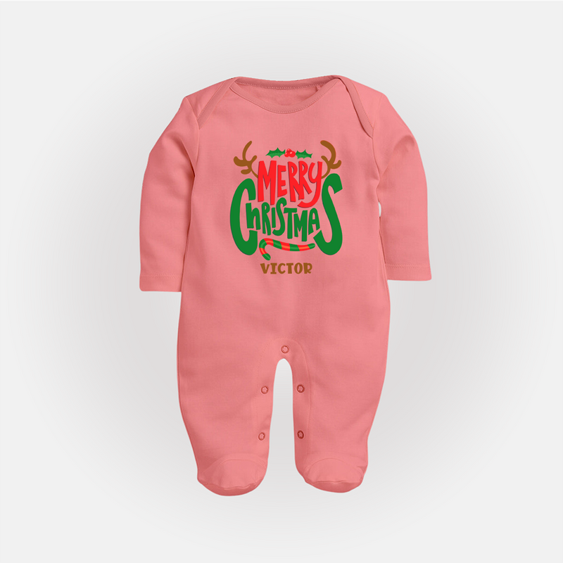 Merry Christmas Joy To All - Customized Christmas Themed Sleep Suit For Babies - PEACH - New Born (Chest 7.5")