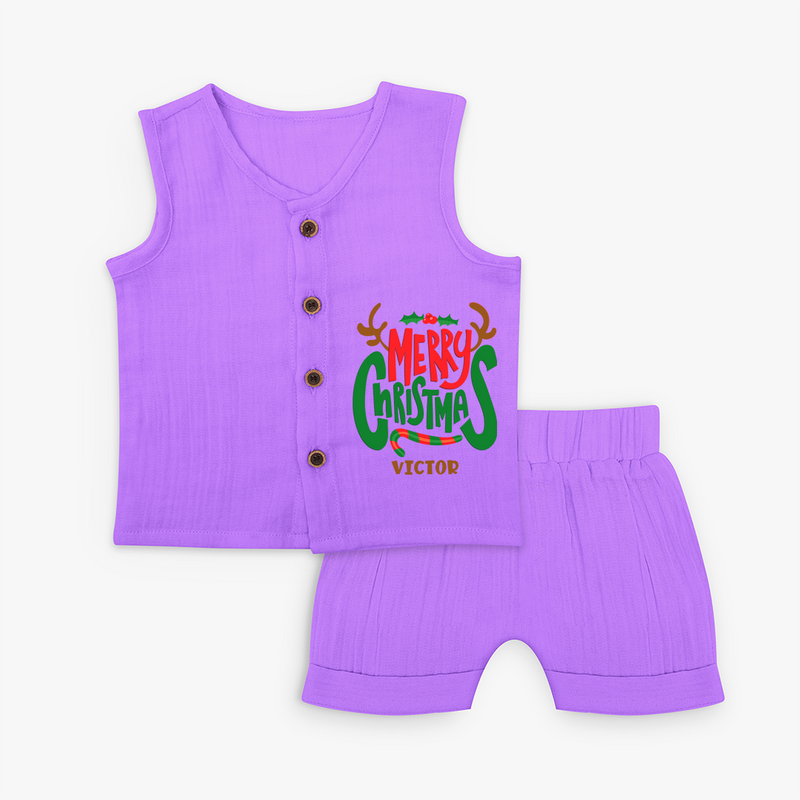 Merry Christmas Joy To All - Customized Christmas Themed Jabla Set For Kids - PURPLE - 0 - 3 Months Old (Chest 9.8")