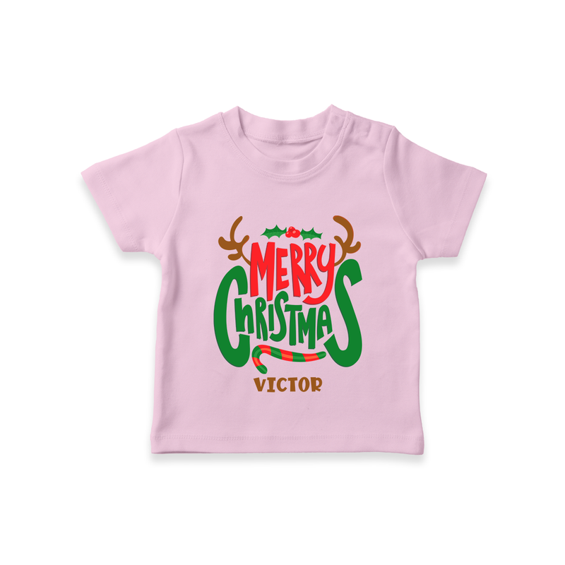 Merry Christmas Joy To All - Customized Christmas Themed T-Shirt For Kids - PINK - 0-5 Months Old (Chest 17")