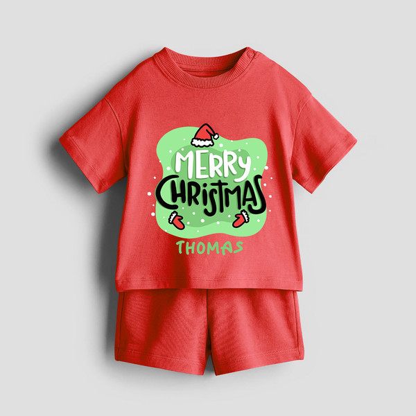 Merry Christmas & Winter Wonders - Customized Christmas Themed Co-ord Set For Kids - RED - 0-5 months old  (Chest 18")