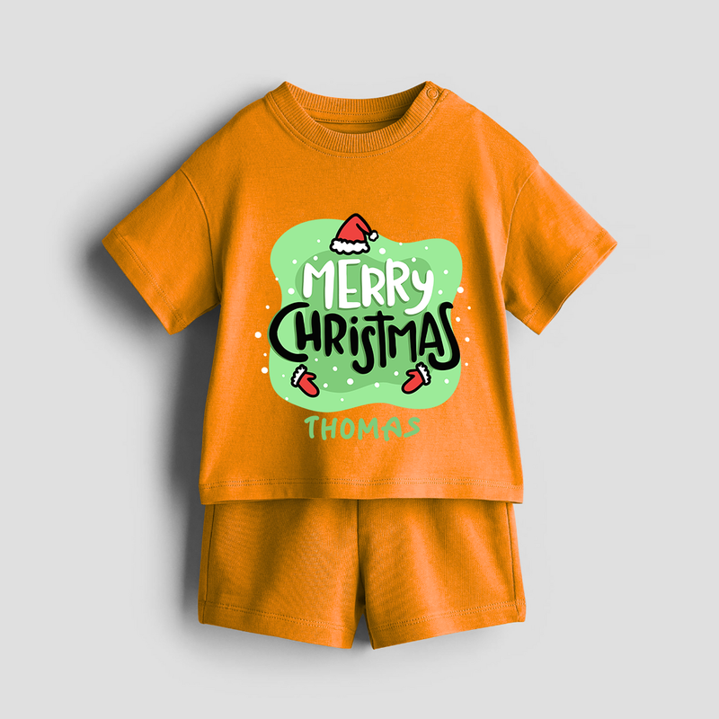 Merry Christmas & Winter Wonders - Customized Christmas Themed Co-ord Set For Kids - TANGERINE - 0-5 months old  (Chest 18")