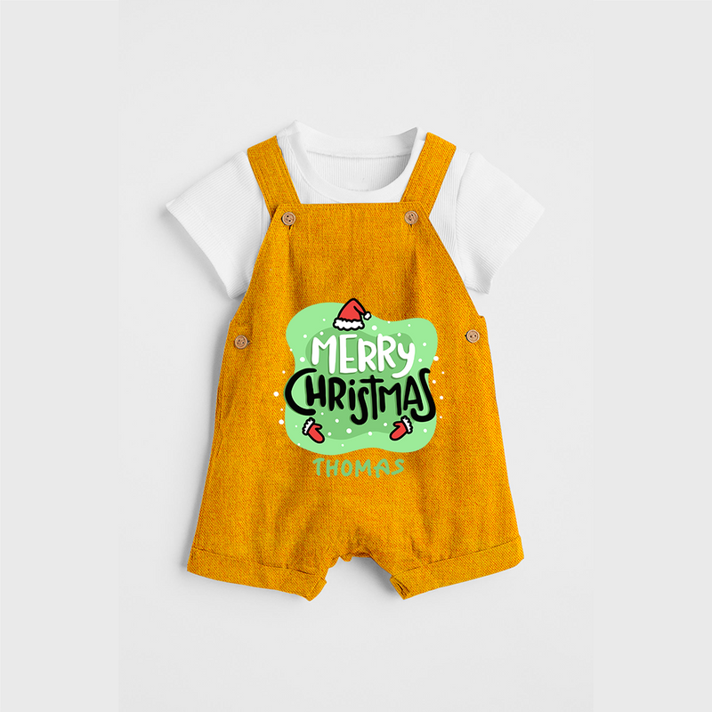 Merry Christmas & Winter Wonders - Customized Christmas Themed Dungaree Set For Kids - CHROME YELLOW - 0 - 5 Months Old (Chest 18")