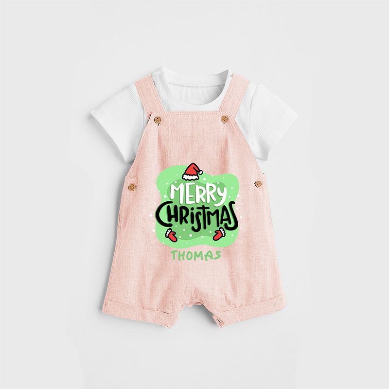 Merry Christmas & Winter Wonders - Customized Christmas Themed Dungaree Set For Kids - PEACH - 0 - 5 Months Old (Chest 18")