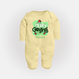 Merry Christmas & Winter Wonders - Customized Christmas Themed Sleep Suit For Babies - PASTEL YELLOW - New Born (Chest 7.5")