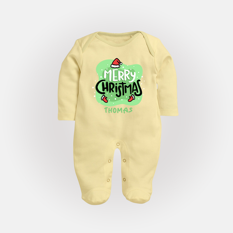 Merry Christmas & Winter Wonders - Customized Christmas Themed Sleep Suit For Babies - PASTEL YELLOW - New Born (Chest 7.5")