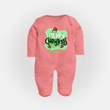 Merry Christmas & Winter Wonders - Customized Christmas Themed Sleep Suit For Babies - PEACH - New Born (Chest 7.5")