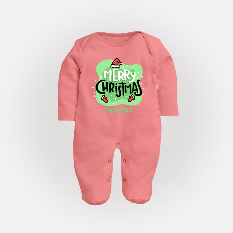 Merry Christmas & Winter Wonders - Customized Christmas Themed Sleep Suit For Babies - PEACH - New Born (Chest 7.5")