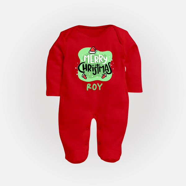 Merry Christmas Sleep Suit / Full Sleeve Bodysuit |Presonalized Baby Holiday Outfit - RED - New Born (Chest 7.5")