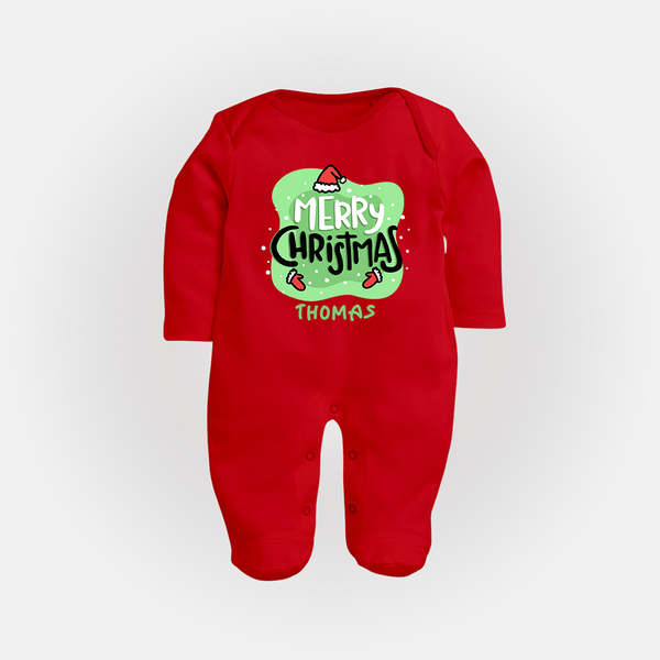 Merry Christmas & Winter Wonders - Customized Christmas Themed Sleep Suit For Babies - RED - New Born (Chest 7.5")