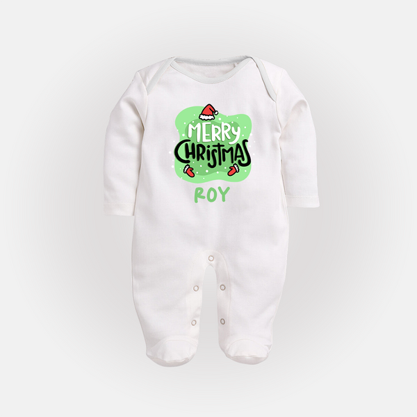 Merry Christmas Sleep Suit / Full Sleeve Bodysuit |Presonalized Baby Holiday Outfit - WHITE - New Born (Chest 7.5")