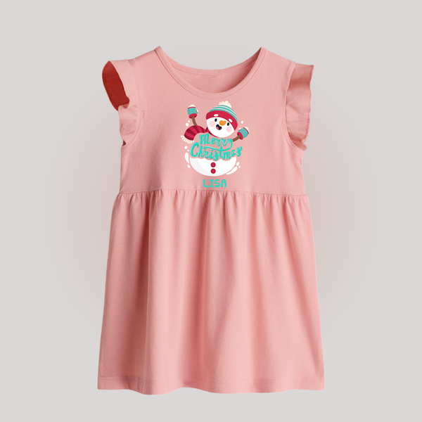 Merry Christmas Frosty Fun - Customized Christmas Themed Baby Frock For Babies - BABY PINK - 0 - 3 Months Old (Chest 17")