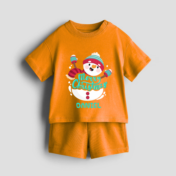 Merry Christmas Frosty Fun - Customized Christmas Themed Co-ord Set For Kids - TANGERINE - 0-5 months old  (Chest 18")