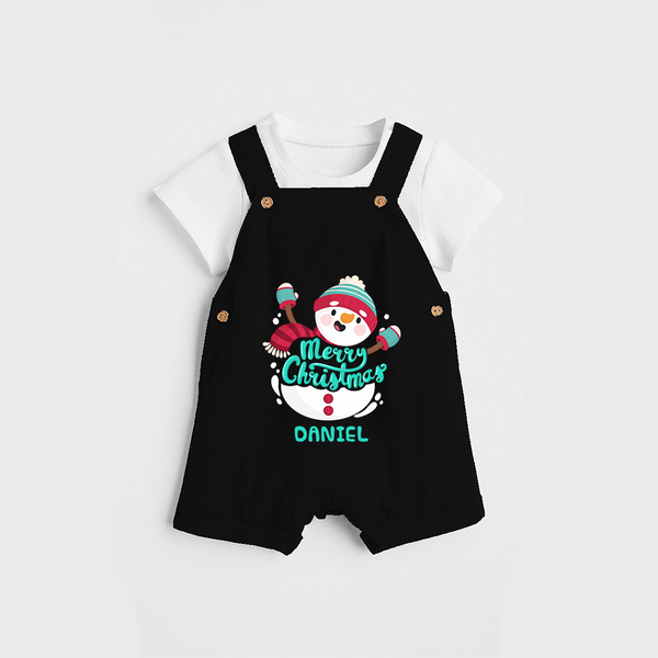 Merry Christmas Frosty Fun - Customized Christmas Themed Dungaree Set For Kids - BLACK - 0 - 5 Months Old (Chest 18")