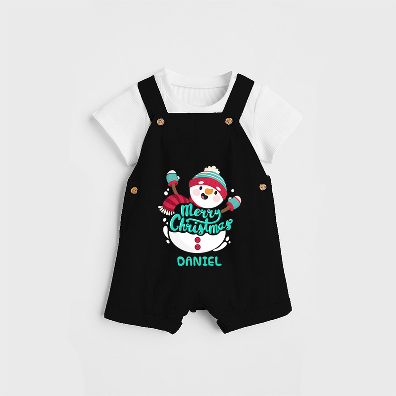 Merry Christmas Frosty Fun - Customized Christmas Themed Dungaree Set For Kids - BLACK - 0 - 5 Months Old (Chest 18")