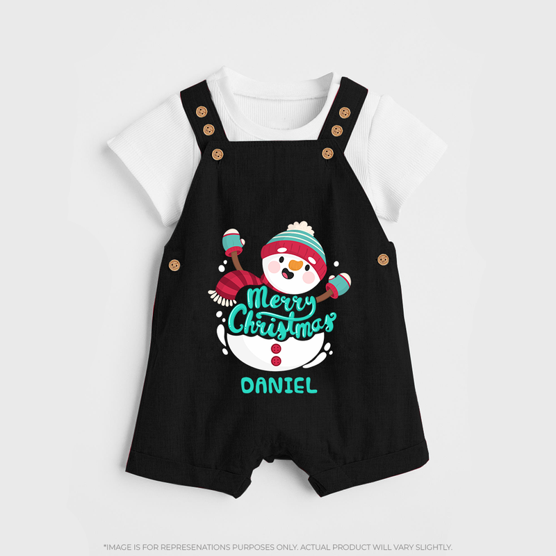 Merry Christmas Frosty Fun - Customized Christmas Themed Dungaree Set For Kids - BLACK - 0 - 5 Months Old (Chest 18")