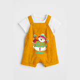 Merry Christmas Frosty Fun - Customized Christmas Themed Dungaree Set For Kids - CHROME YELLOW - 0 - 5 Months Old (Chest 18")