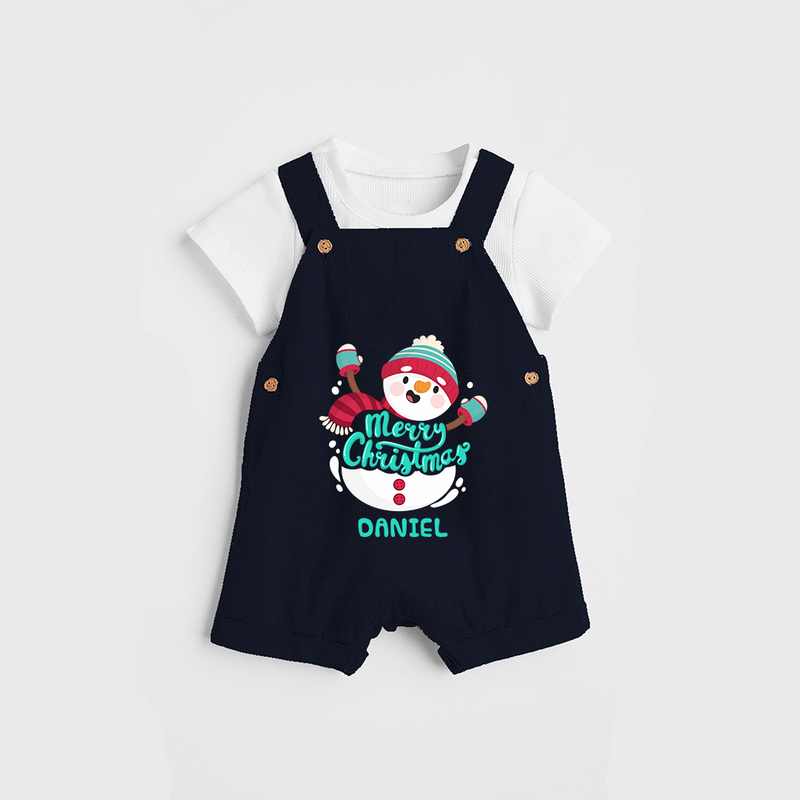 Merry Christmas Frosty Fun - Customized Christmas Themed Dungaree Set For Kids - NAVY BLUE - 0 - 5 Months Old (Chest 18")