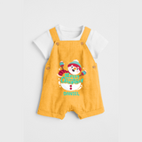 Merry Christmas Frosty Fun - Customized Christmas Themed Dungaree Set For Kids - PASTEL YELLOW - 0 - 5 Months Old (Chest 18")